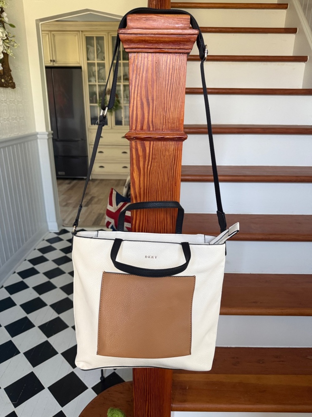 DKNY Cream  Faux Leather Shoulder Bag with Tan Front Pocket